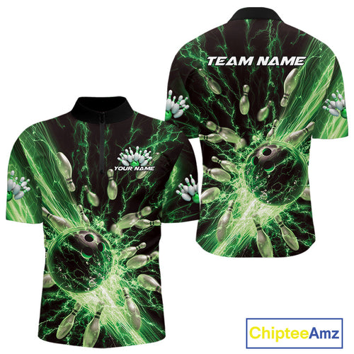 Custom Green Thunder Lightning Bowling Team Men Quarter-Zip Shirts, Bowling Jerseys IPHW9746