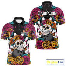 Load image into Gallery viewer, Custom Flower Sugar Skull Bowling Team Polo Shirts For Men, Halloween Bowler Outfit IPHW9749