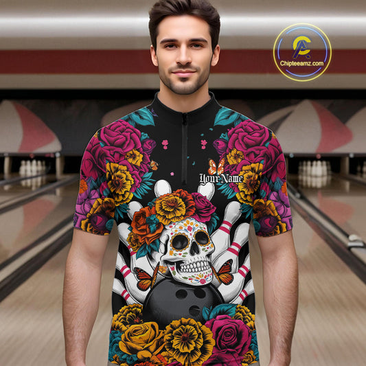 Custom Flower Sugar Skull Bowling Team Quarter-Zip Shirts For Men, Halloween Bowler Outfit IPHW9749