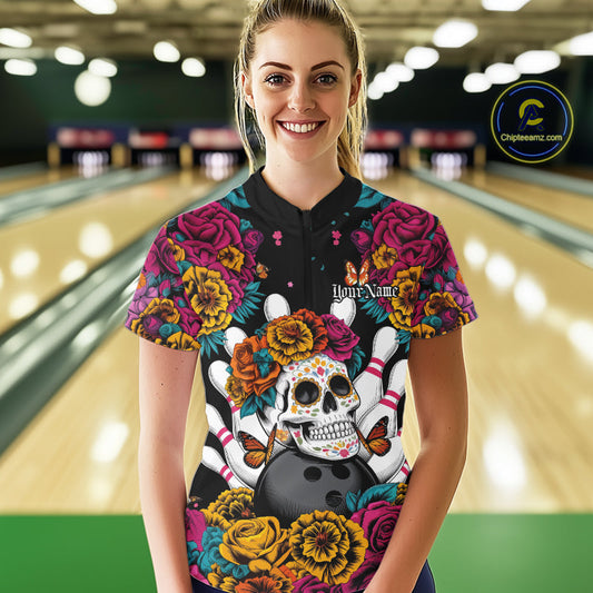 Custom Flower Sugar Skull Bowling Team Women Quarter-Zip Shirts, Halloween Bowler Outfit IPHW9749