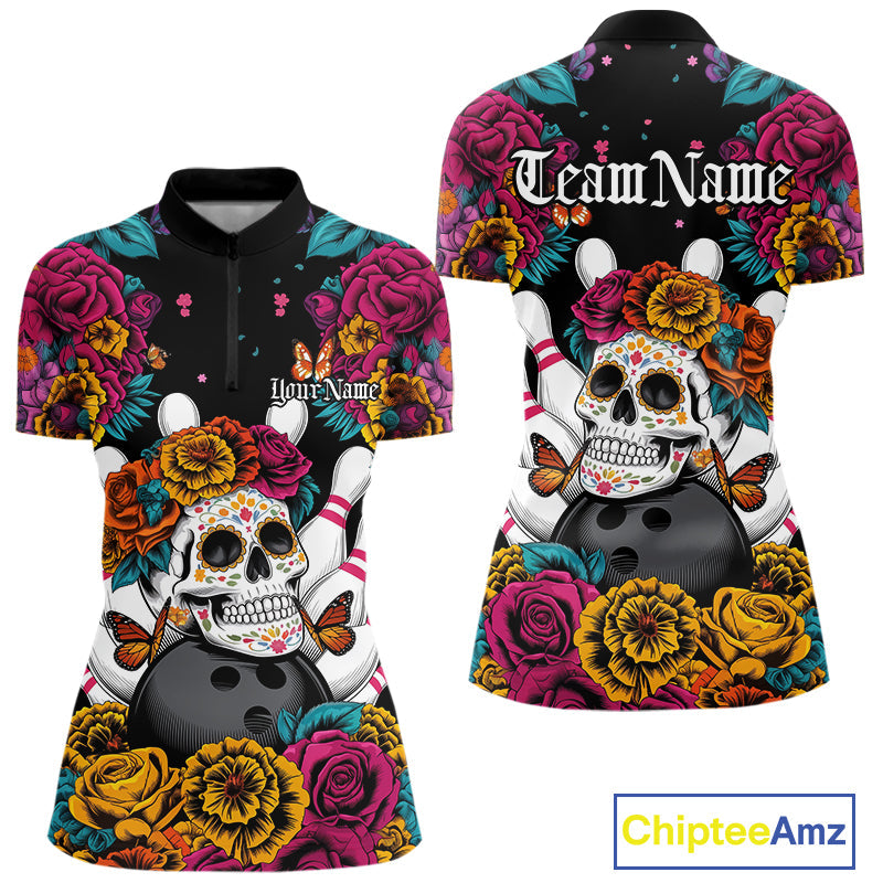 Custom Flower Sugar Skull Bowling Team Women Quarter-Zip Shirts, Halloween Bowler Outfit IPHW9749
