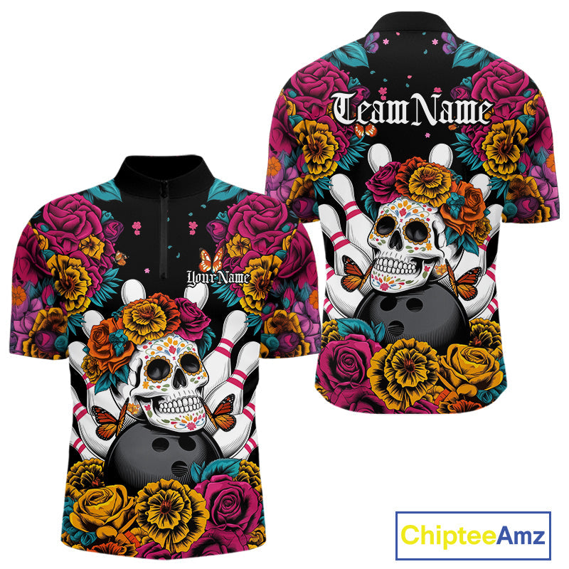 Custom Flower Sugar Skull Bowling Team Quarter-Zip Shirts For Men, Halloween Bowler Outfit IPHW9749