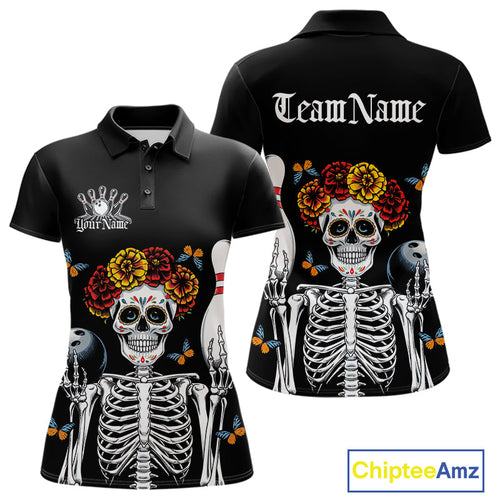 Custom Sugar Skull Bowling Team Women Polo Shirts, Funny Halloween Bowling Outfit IPHW9752