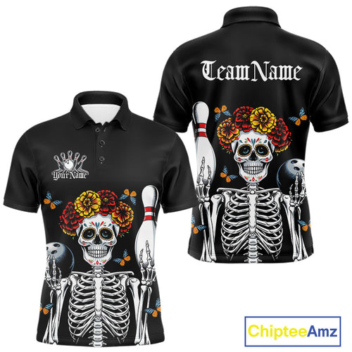 Custom Sugar Skull Bowling Team Men Polo Shirts, Funny Halloween Bowling Outfit IPHW9752