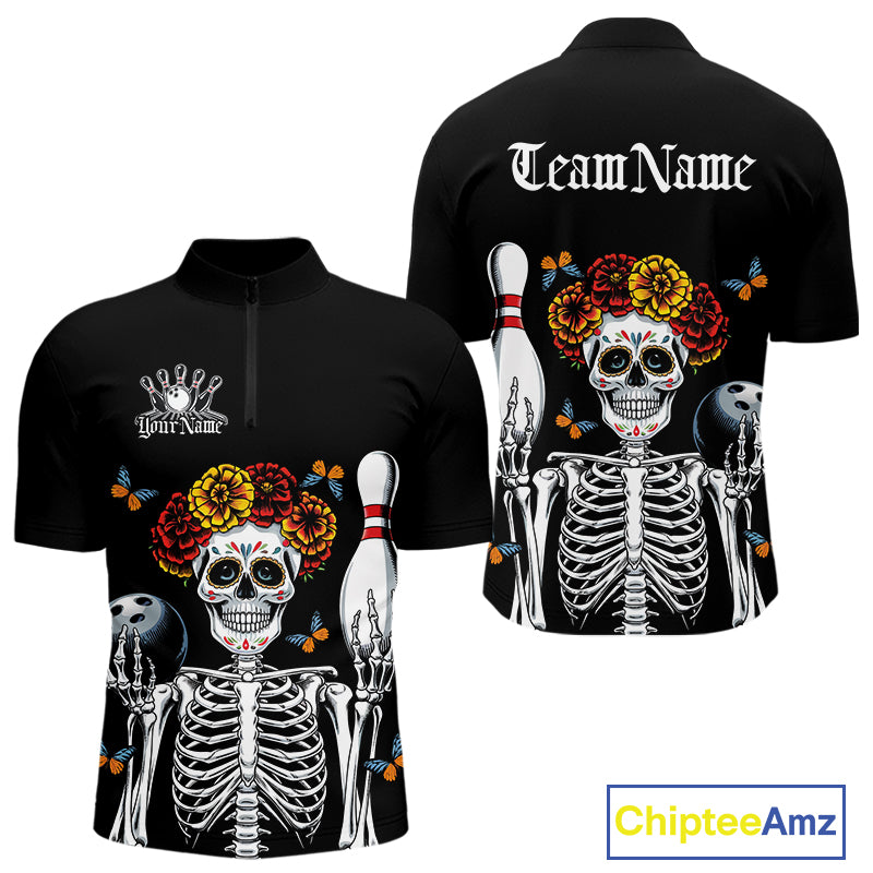 Custom Sugar Skull Bowling Team Men Quarter-Zip Shirts, Funny Halloween Bowling Outfit IPHW9752