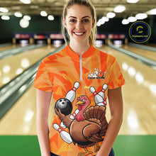 Load image into Gallery viewer, Custom Funny Thanksgiving Turkey Bowling Women Quarter-Zip Shirts, Bowling League Shirt IPHW9769