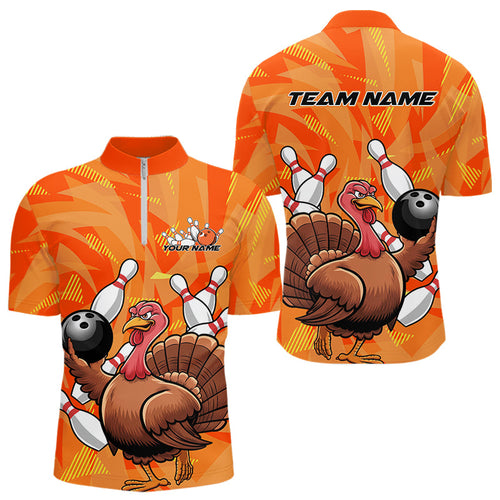 Custom Funny Thanksgiving Turkey Bowling Men Quarter-Zip Shirts, Bowling League Shirt IPHW9769