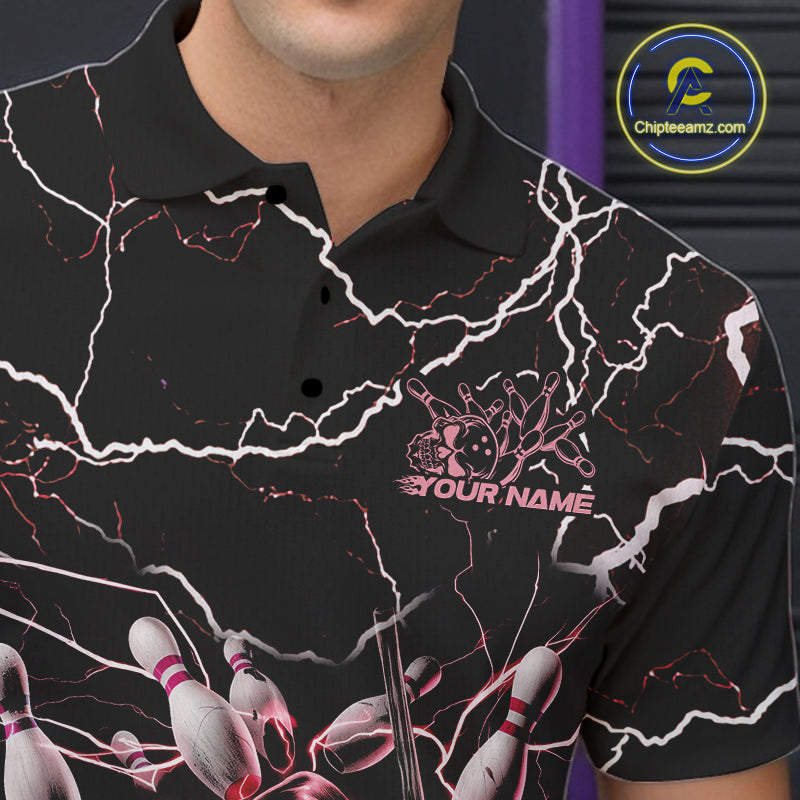 Custom Black And Red Lightning Grim Reaper Bowling Men Polo Shirt, Halloween Outfit IPHW9802