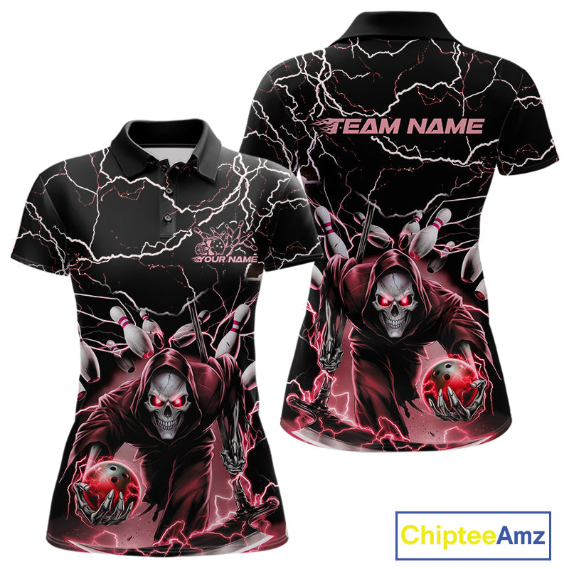 Custom Black And Red Lightning Grim Reaper Bowling Women Polo Shirt, Halloween Outfit IPHW9802