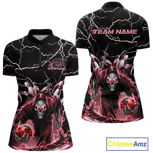 Custom Red Lightning Grim Reaper Bowling Women Quarter-Zip Shirt, Halloween Outfit IPHW9802