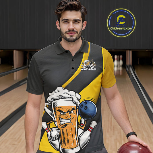 Custom Grunge Yellow Funny Bowling And Beer Polo Shirts For Men, Bowling Team Uniform IPHW9608
