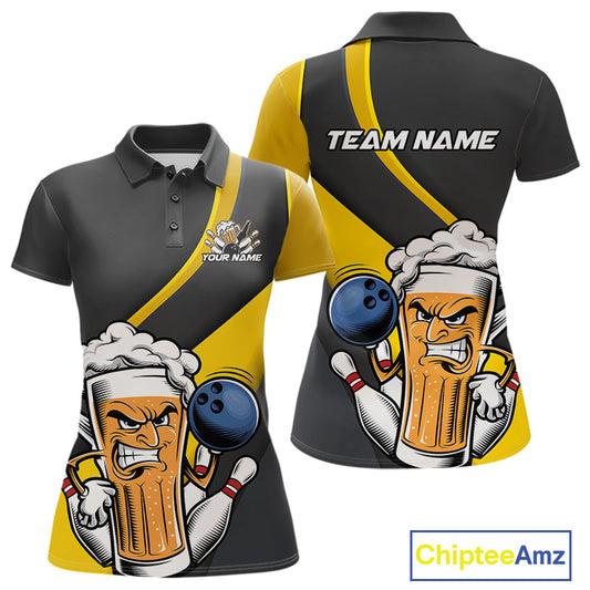Custom Grunge Yellow Funny Bowling And Beer Polo Shirts For Women, Bowling Team Uniform IPHW9608