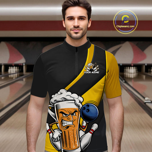 Custom Grunge Yellow Funny Bowling And Beer Quarter-Zip Shirts For Men, Bowling Team Uniform IPHW9608