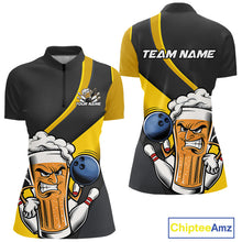 Load image into Gallery viewer, Custom Grunge Yellow Funny Bowling And Beer Women Quarter-Zip Shirt, Bowling Team Uniform IPHW9608