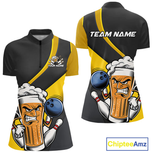 Custom Grunge Yellow Funny Bowling And Beer Women Quarter-Zip Shirt, Bowling Team Uniform IPHW9608
