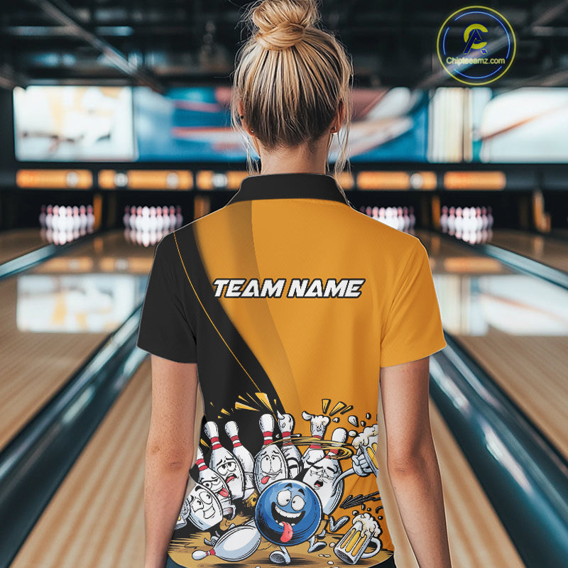 Custom Yellow Funny Bowling Women Polo Shirts, Bowling And Beer Party Bowlers Outfit IPHW9610