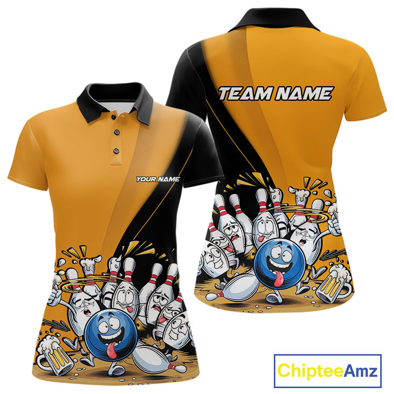 Custom Yellow Funny Bowling Women Polo Shirts, Bowling And Beer Party Bowlers Outfit IPHW9610