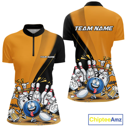 Custom Yellow Funny Bowling Women Quarter-Zip Shirt, Bowling And Beer Party Bowler Outfit IPHW9610