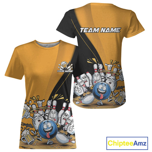 Custom Yellow Funny Bowling Women T-Shirts Shirts, Bowling And Beer Party Bowlers Outfit IPHW9610