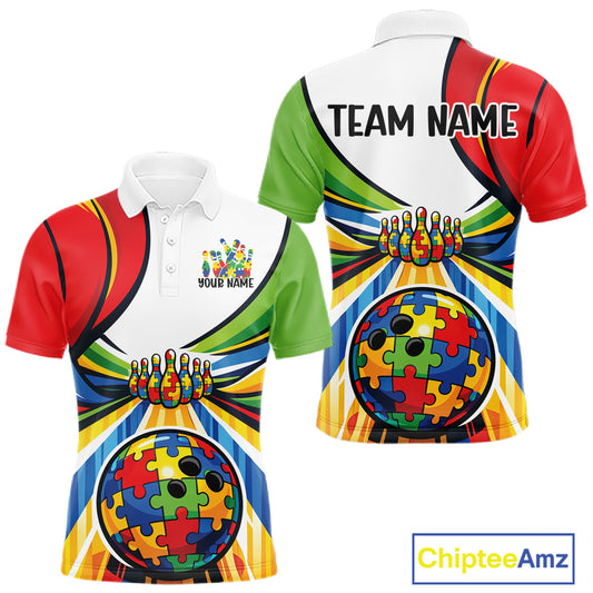 Men’s bowling polo shirt mockup displaying colorful autism-themed bowling lane graphics with puzzle-inspired artwork in a front and back layout