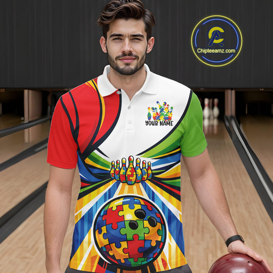 Male model inside a bowling venue wearing a polo shirt, front view highlighting colorful autism bowling lane illustration with puzzle design elements