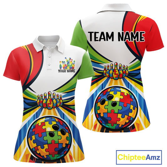 Women’s polo shirt mockup front and back displaying colorful autism bowling lane theme with puzzle-inspired artwork