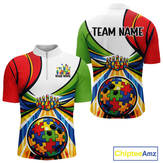Front And Back View Of Mens Bowling Quarter-Zip Mockup Showing Autism Bowling Lane Illustration With Colorful Puzzle Pattern Graphic Elements