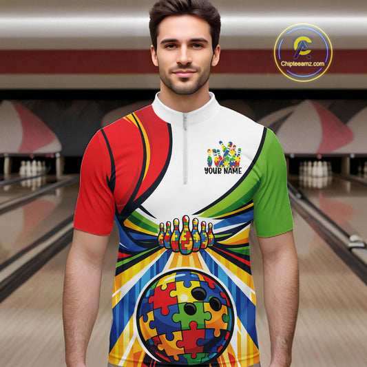 In Bowling Venue Front View Male Model Wearing Quarter-Zip Shirt With Autism Puzzle Bowling Lane Artwork In Bright Multicolor Style