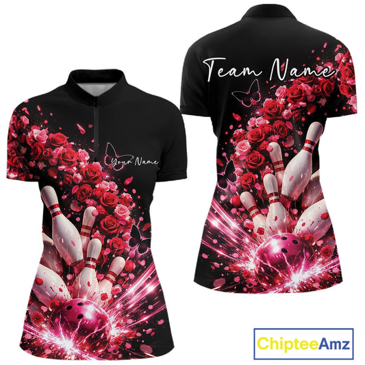 Custom Red Roses And Butterfly Women Bowling Shirt, Flower Ladies Bowling League Shirt IPHW10884