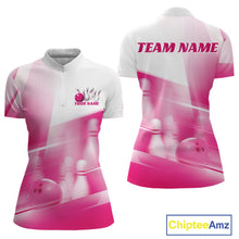 Load image into Gallery viewer, Front and back white and pink women’s bowling quarter zip mockup featuring bowling ball and pins blended into a pink geometric pattern background.