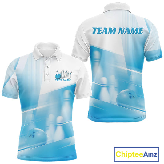 White and blue men’s bowling polo shirt mockup shown front and back with bowling ball and pins over a pink geometric background.
