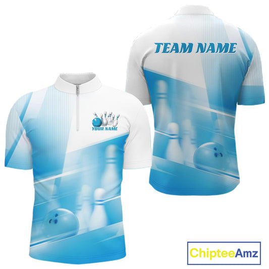 Front and back white and blue men’s bowling quarter zip shirt mockup featuring bowling ball and pins over a pink geometric background.