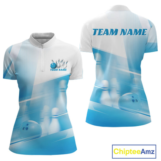 Front and back white and blue women’s bowling quarter zip mockup featuring bowling ball and pins blended into a pink geometric pattern background.