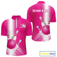 Load image into Gallery viewer, Front and back men’s bowling quarter zip shirt mockup featuring bowling ball and pins graphics flowing through a pink gradient design.