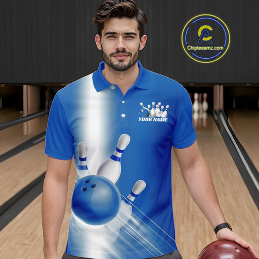 Front view male model at the bowling lane wearing a bowling polo shirt with bowling ball and pins flowing through a blue gradient layout.