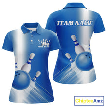 Load image into Gallery viewer, Front and back women’s polo shirt mockup with bowling ball and pins artwork flowing through a blue gradient design.