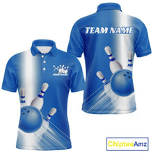 Load image into Gallery viewer, Front and back men’s bowling polo shirt mockup with bowling ball and pins artwork flowing through a blue gradient layout.
