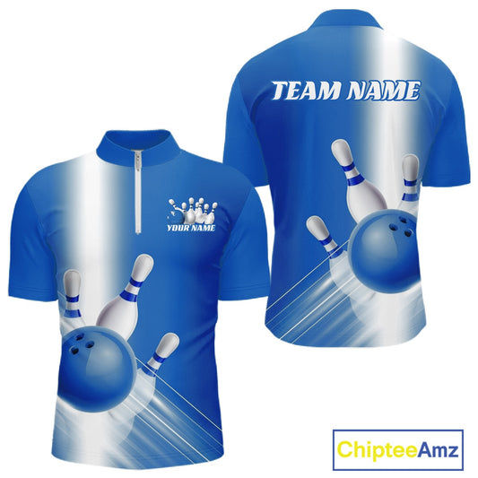 Front and back men’s bowling quarter zip shirt mockup with bowling ball and pins artwork flowing through a blue gradient layout.
