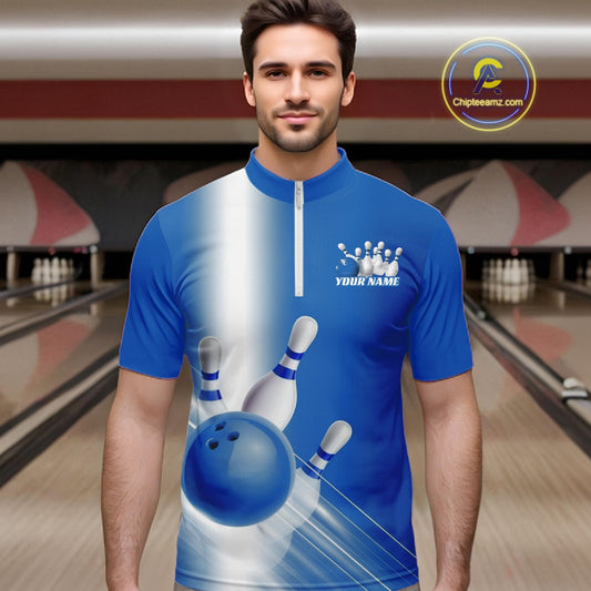 Front view male model in a bowling lane wearing a quarter zip shirt with bowling ball and pins flowing through a blue gradient layout.
