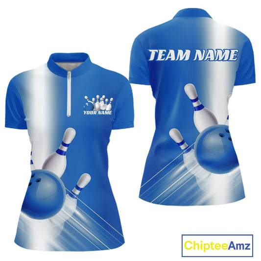 Front and back women’s bowling quarter zip mockup with bowling ball and pins graphics flowing through a blue gradient design.