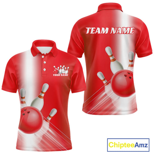 Front and back men’s bowling polo shirt mockup featuring bowling ball and pins graphics flowing through a red gradient layout.
