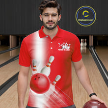 Load image into Gallery viewer, Male model front view at the bowling lane wearing a bowling polo shirt with bowling ball and pins flowing through a red gradient design.