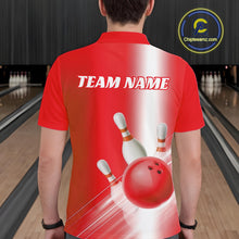 Load image into Gallery viewer, Back view of a male model in a bowling lane wearing a polo shirt with bowling ball and pins flowing through a red gradient layout.