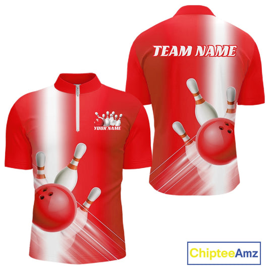 Front and back men’s bowling quarter zip shirt mockup featuring bowling ball and pins graphics flowing through a red gradient layout.