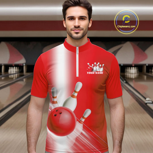 Front view of a male model in a bowling lane wearing a quarter zip shirt with bowling ball and pins flowing through a red gradient design.