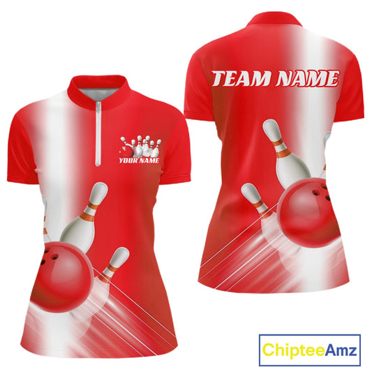 Front and back women’s bowling quarter zip mockup featuring bowling ball and pins artwork flowing through a red gradient pattern.
