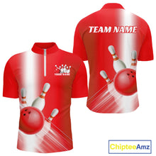 Load image into Gallery viewer, Front and back men’s bowling quarter zip shirt mockup featuring bowling ball and pins graphics flowing through a red gradient layout.