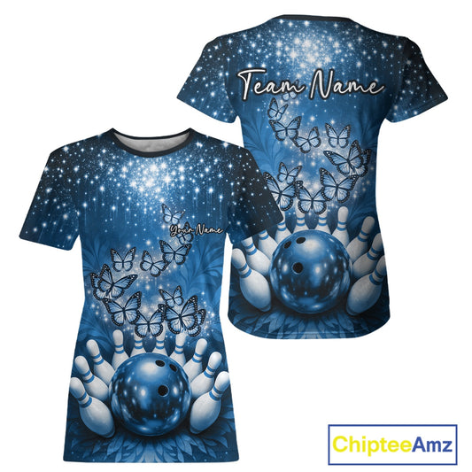 Custom Blue Buttefly Ladies Bowling Team, Women Bowling T-Shirts IPHW10920
