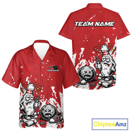 Front and back view of a button-up bowling shirt mockup in red and white, featuring a playful drunk cartoon bowling pin holding a beer bottle and bowling ball with splatter-style background artwork.