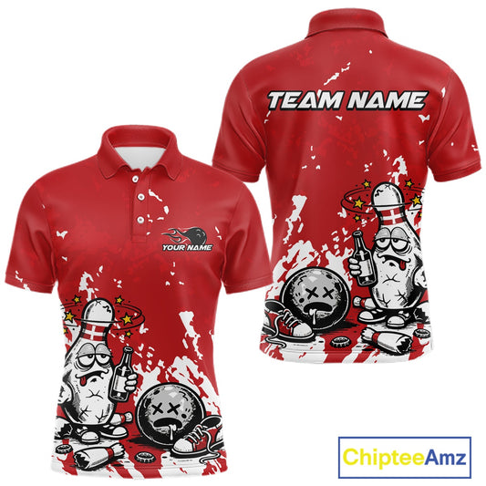 Front and back view of a men’s polo shirt mockup in red and white, featuring splatter-style drunk bowling pin holding beer bottle and bowling ball.
